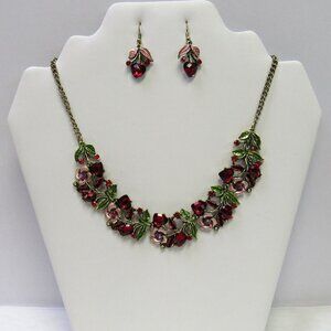 Antique Victorian Design Red Flower Floral Necklace Set Wedding Evening